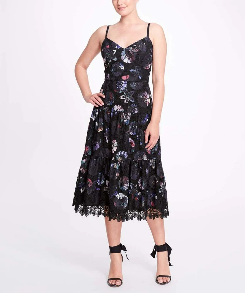 Marchesa Notte Dutch Floral Printed Chiffon Guipure Midi Dress