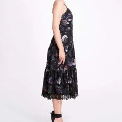 Marchesa Notte Dutch Floral Printed Chiffon Guipure Midi Dress