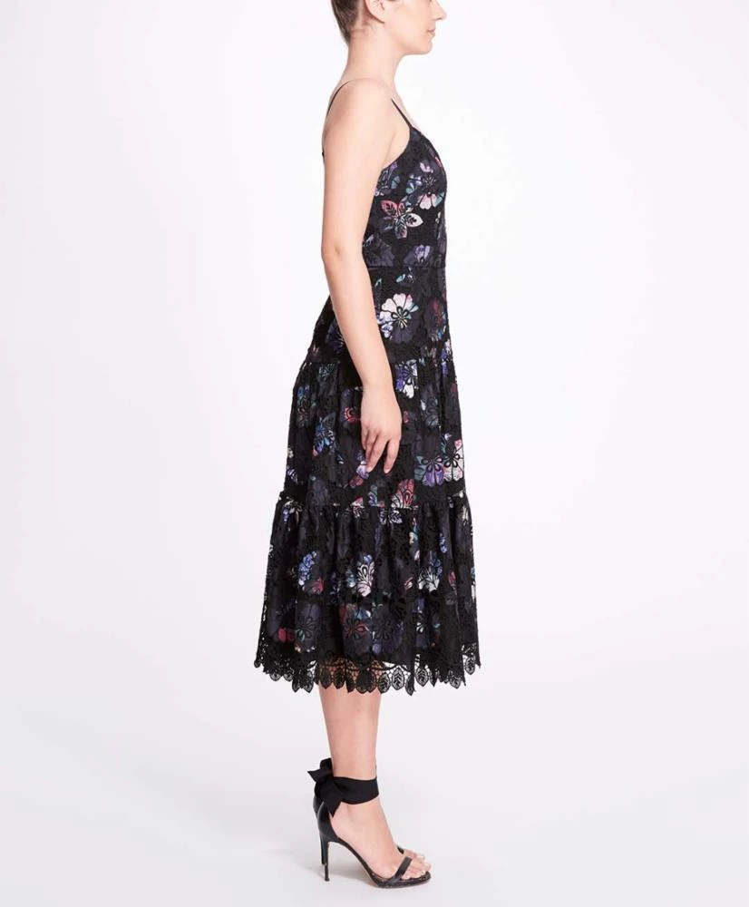 Marchesa Notte Dutch Floral Printed Chiffon Guipure Midi Dress