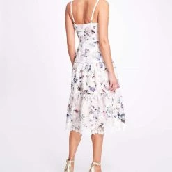 Marchesa Notte Dutch Floral Printed Chiffon Guipure Midi Dress