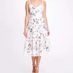 Marchesa Notte Dutch Floral Printed Chiffon Guipure Midi Dress