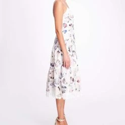 Marchesa Notte Dutch Floral Printed Chiffon Guipure Midi Dress