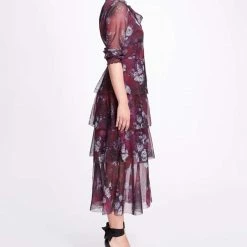 Marchesa Notte Floral Printed Chiffon Tiered Midi Dress