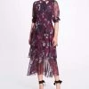 Marchesa Notte Floral Printed Chiffon Tiered Midi Dress