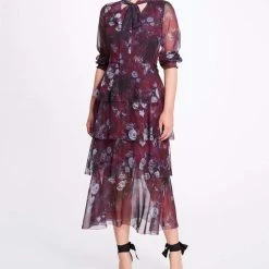 Marchesa Notte Floral Printed Chiffon Tiered Midi Dress