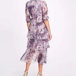 Marchesa Notte Floral Printed Chiffon Tiered Midi Dress