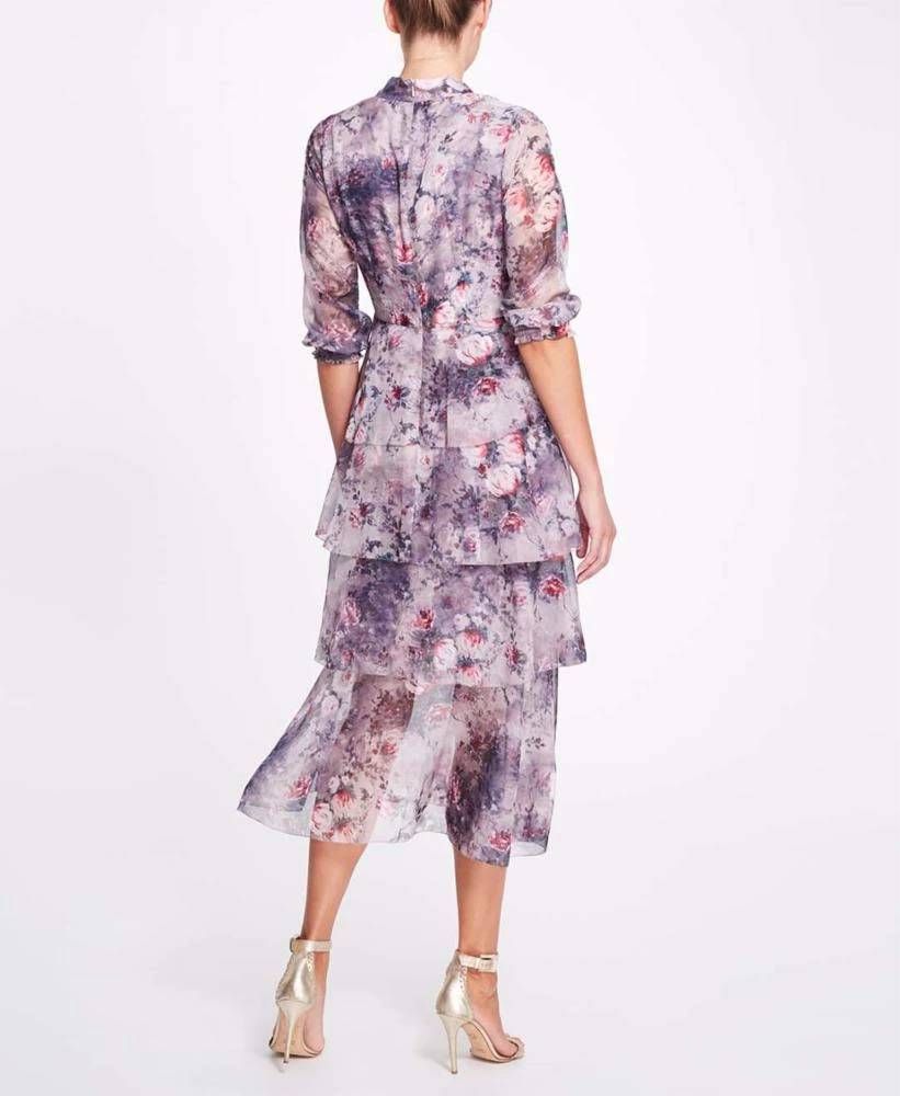 Marchesa Notte Floral Printed Chiffon Tiered Midi Dress