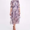 Marchesa Notte Floral Printed Chiffon Tiered Midi Dress