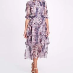 Marchesa Notte Floral Printed Chiffon Tiered Midi Dress