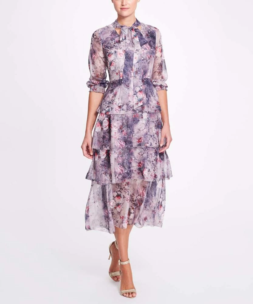 Marchesa Notte Floral Printed Chiffon Tiered Midi Dress