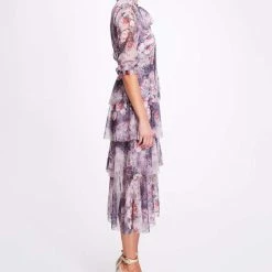 Marchesa Notte Floral Printed Chiffon Tiered Midi Dress
