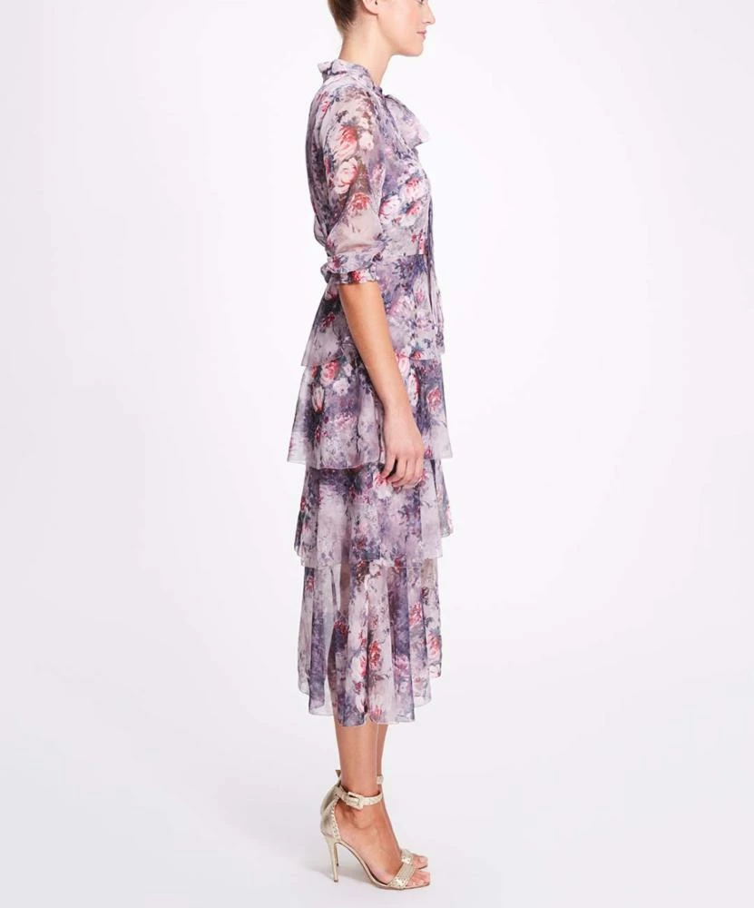 Marchesa Notte Floral Printed Chiffon Tiered Midi Dress