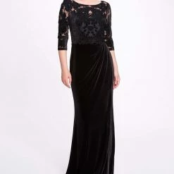 Marchesa Notte 3/4 Sleeve Velvet Cutwork Gown