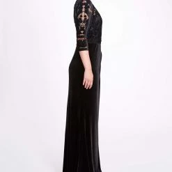Marchesa Notte 3/4 Sleeve Velvet Cutwork Gown