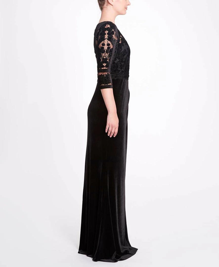 Marchesa Notte 3/4 Sleeve Velvet Cutwork Gown