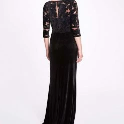 Marchesa Notte 3/4 Sleeve Velvet Cutwork Gown