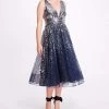 Marchesa Notte V-Neck Sequin Degrade Tea-Length Dress