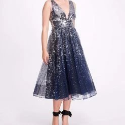 Marchesa Notte V-Neck Sequin Degrade Tea-Length Dress