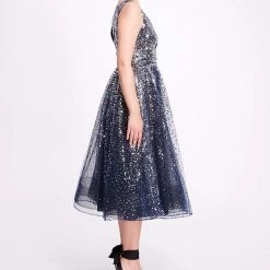 Marchesa Notte V-Neck Sequin Degrade Tea-Length Dress