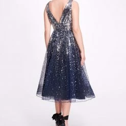 Marchesa Notte V-Neck Sequin Degrade Tea-Length Dress