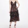 Marchesa Notte Floral Polka Dot 3-Tiered Tulle Midi Dress