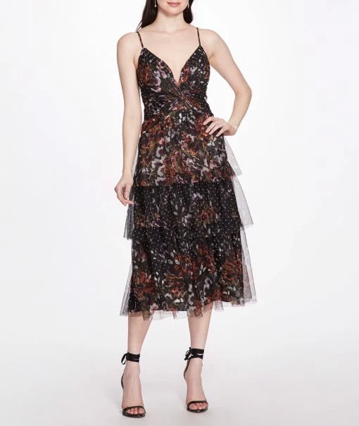 Marchesa Notte Floral Polka Dot 3-Tiered Tulle Midi Dress