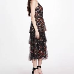 Marchesa Notte Floral Polka Dot 3-Tiered Tulle Midi Dress