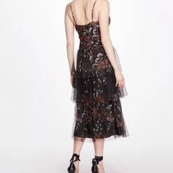 Marchesa Notte Floral Polka Dot 3-Tiered Tulle Midi Dress
