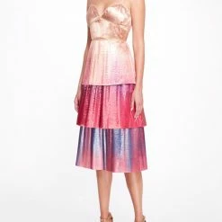 Marchesa Notte Sleveless Radiating Ombre Lame Cocktail Dress