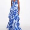 Marchesa Notte Sleeveless V-neck Tiered Chiffon Gown