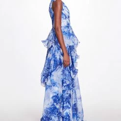 Marchesa Notte Sleeveless V-neck Tiered Chiffon Gown