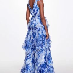 Marchesa Notte Sleeveless V-neck Tiered Chiffon Gown