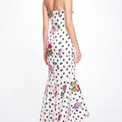 Marchesa Notte Strapless Floral Polka Dot Gown