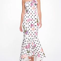 Marchesa Notte Strapless Floral Polka Dot Gown