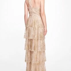Marchesa Notte One Shoulder Beaded Glitter Gown