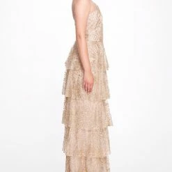 Marchesa Notte One Shoulder Beaded Glitter Gown