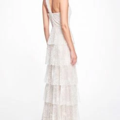 Marchesa Notte One Shoulder Beaded Glitter Gown
