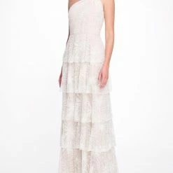 Marchesa Notte One Shoulder Beaded Glitter Gown