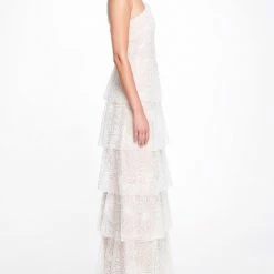 Marchesa Notte One Shoulder Beaded Glitter Gown