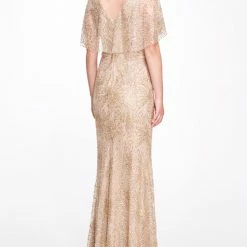 Marchesa Notte Cape Sleeve Beaded Glitter Gown