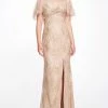 Marchesa Notte Cape Sleeve Beaded Glitter Gown