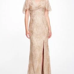Marchesa Notte Cape Sleeve Beaded Glitter Gown