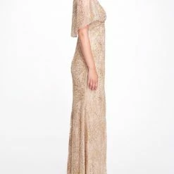 Marchesa Notte Cape Sleeve Beaded Glitter Gown