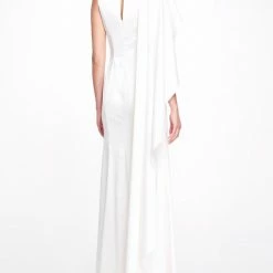 Marchesa Notte Asymmetrical Cape Sleeve V-Neck Gown