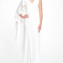 Marchesa Notte Asymmetrical Cape Sleeve V-Neck Gown