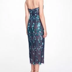 Marchesa Notte Strapless Embroidered Tea Length Gown