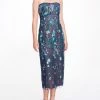 Marchesa Notte Strapless Embroidered Tea Length Gown