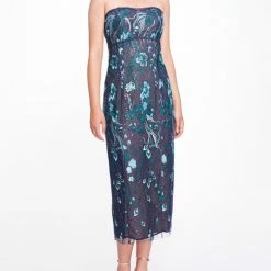 Marchesa Notte Strapless Embroidered Tea Length Gown