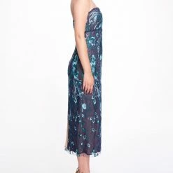 Marchesa Notte Strapless Embroidered Tea Length Gown