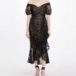 Marchesa Notte Off The Shoulder Guipure Gown
